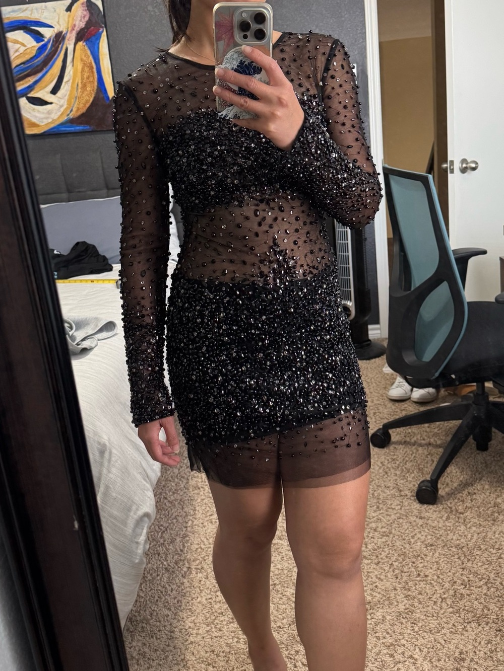 Black Beaded Sheer Mesh Long-Sleeve Mesh Mini Cocktail Dress - Picture 3 of 17